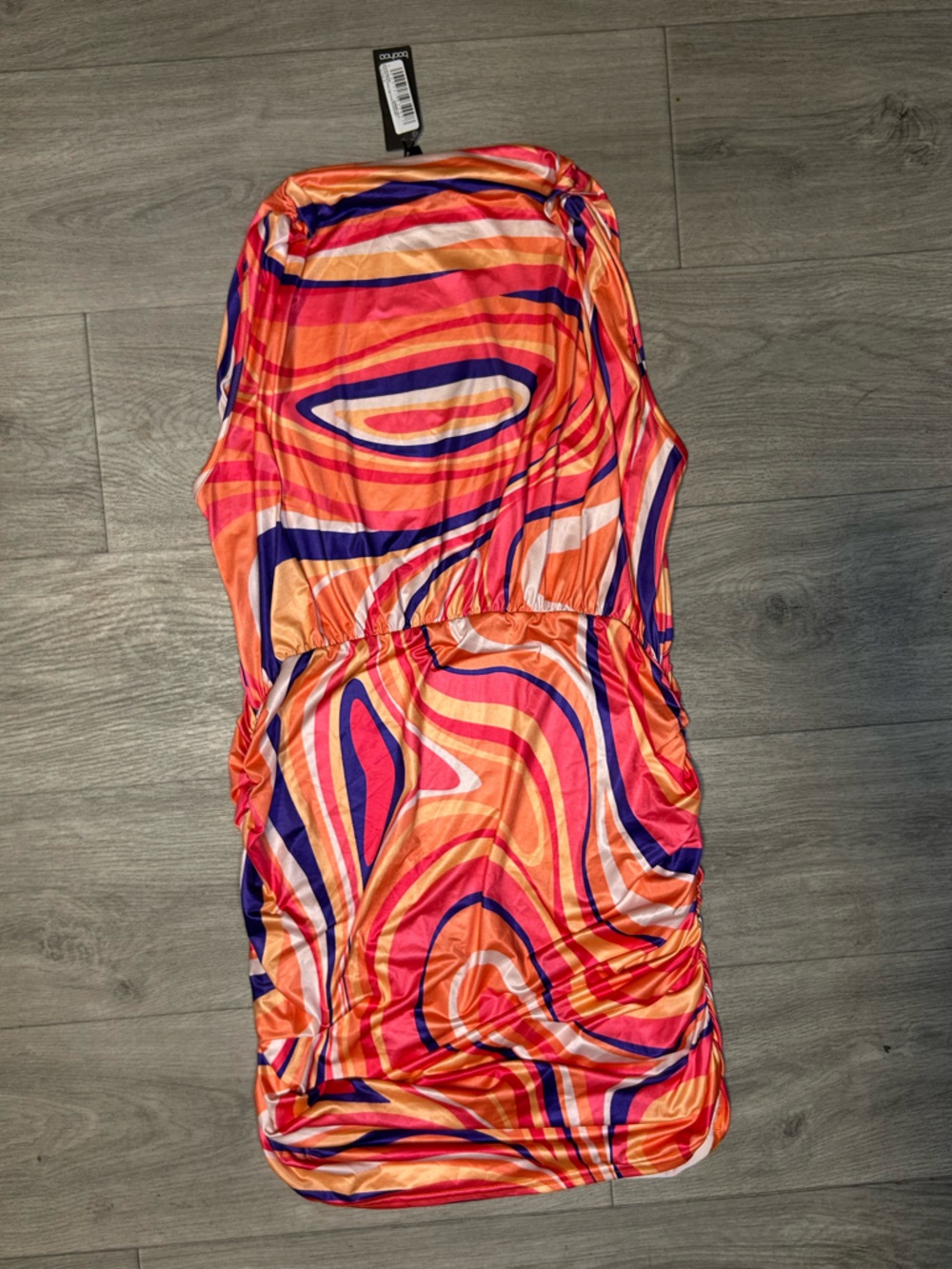Abstract Print Slinky High Neck Ruched Mini Dress - Picture 6 of 6